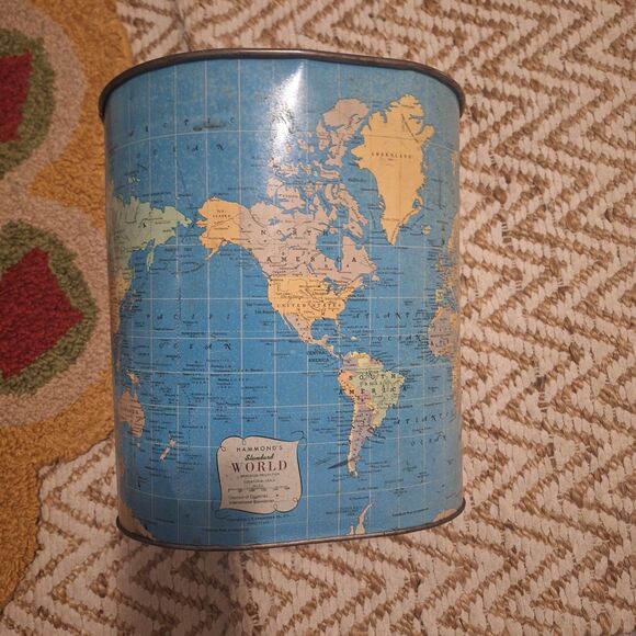 Vintage Hammond's World Map Waste Basket Garbage Can Tin Litho Trash Can 50s 60s - Picture 14 of 14
